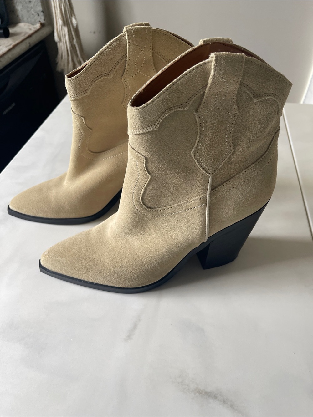 Marc Fisher Women’s Beige Gona Suede Western Ankle Boots